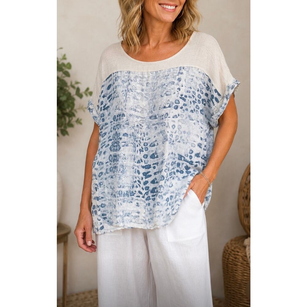 Lungo L'Arno Italy Linen Snake Print Top XL Blue Cream Dolman Made Italy